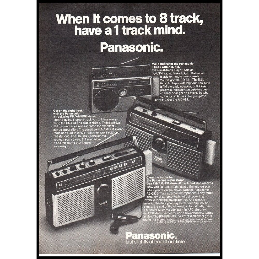 1978 Panasonic RS-836S Portable 8 Track Stereo Vintage Print Ad 70s Wall Art